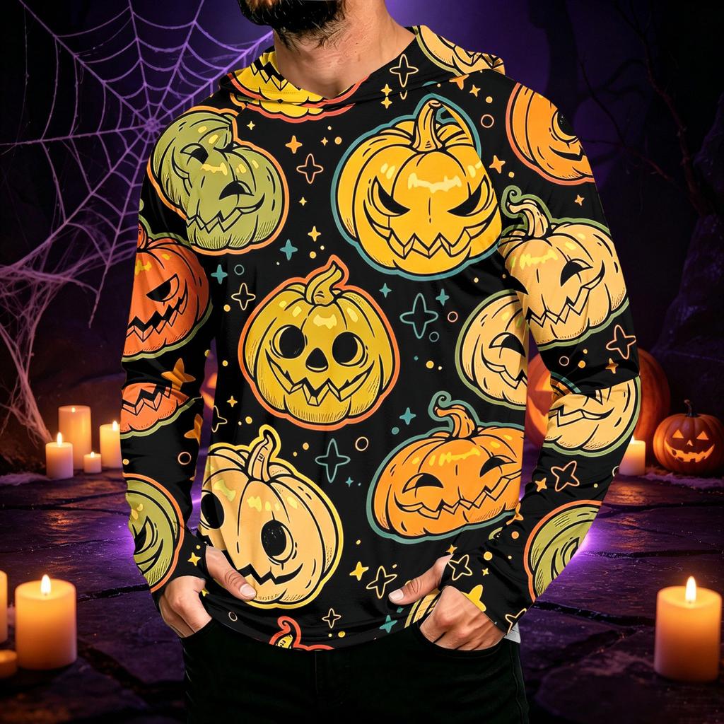 Men's Long Sleeve Sun Hoodie with Halloween Print for Outdoor Activities