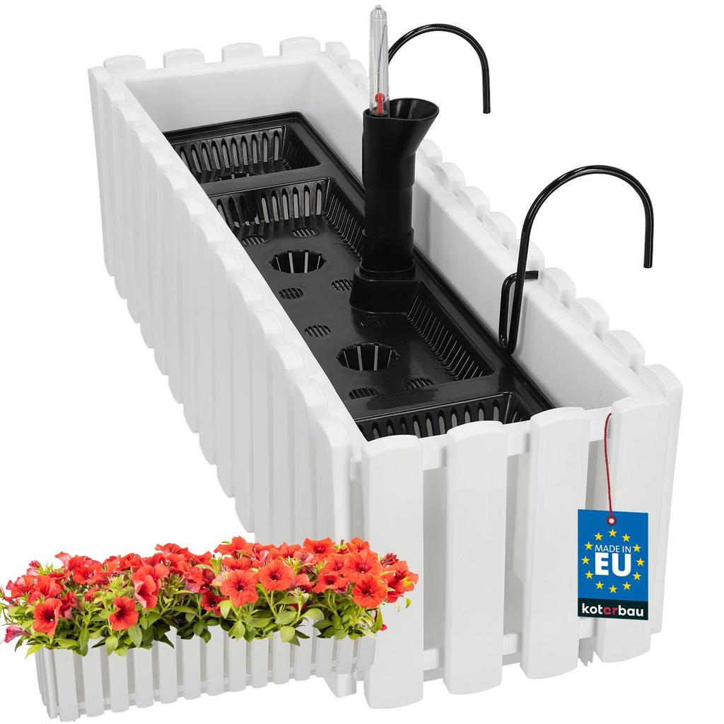 Flowerpot Balcony Terrace Box with Hooks Irrigation System White 60cm