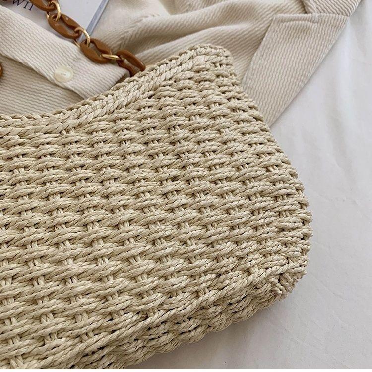 Summer Beach Vacation Straw Woven Bag for Women - Chain-Embellished Versatile Handheld Shoulder Bag
