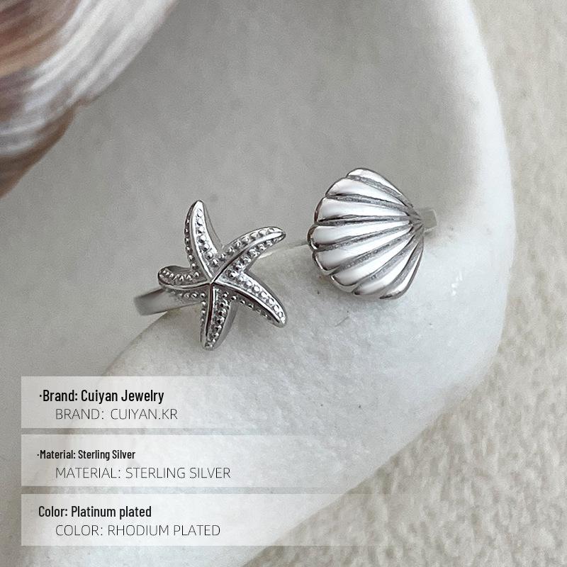 Cui Yan Jewelry S925 Silver Korean Starfish Seashell Women's Ring - Popular European & American Open Design