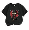 Cute Chibi Ninja Cartoon Print Kids T Shirt, Unisex Boys Girls 100% Cotton Short Sleeve Round Neck Tee, Cool Shuriken Ninja Pattern Casual Summer Tops