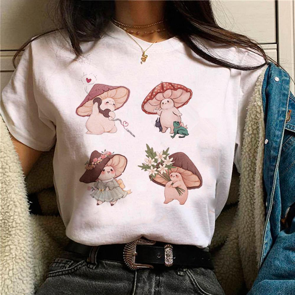 Mushroom t shirt women streetwear comic funny Tee female Y2K tops Japanese comics graphic clothing Retro round neck print TShirt
