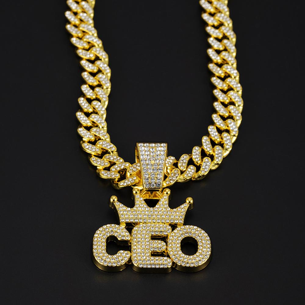 Men Hip Hop Crown CEO Letter Pendant with Cuban Link Chain Necklace For Women Men  Bling Iced Out Rhinestone Necklaces Jewelry