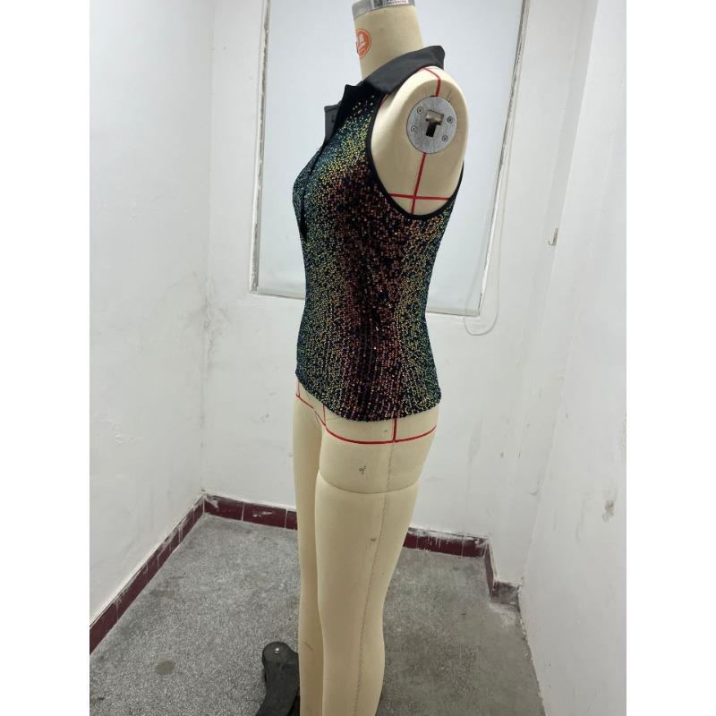 Jaro/léto Dámský sexy top bez rukávů s V-výstřihem, knoflíky a flitry