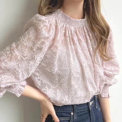 Fashion New Long Sleeve Casual Shirts Women Lace Tops Elegant Stand Collar Slim Fit Loose Women Blouses Vintage Solid Flowers Chiffon Lady Shirt 26363
