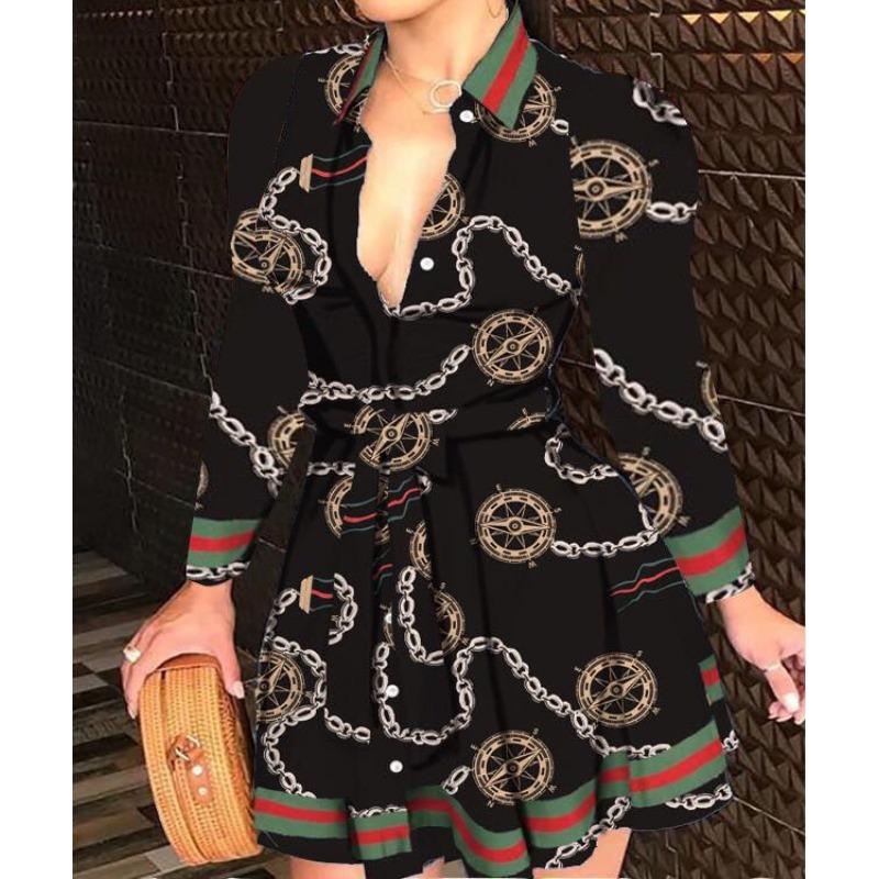 Wish Hot Sale Long Sleeve Collar Strap Fashion Sexy Printed Dress Women