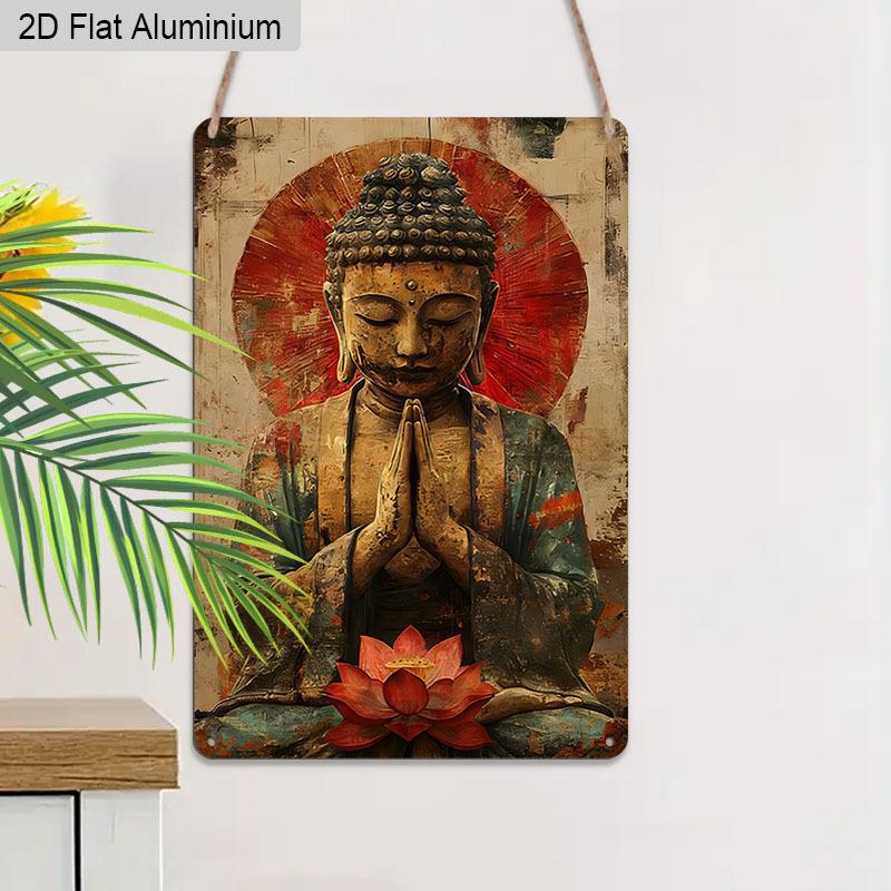 2D Flat, 1pc Vintage Spiritual Aluminium Wall Art Sign "Serene Buddha with Lotus"- 8"x12" Aluminium Rustic Home Decor, Meditation Room & Yoga Studio