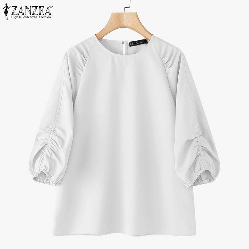 ZANZEA Women Casual Round Neck Solid Color 3/4 Sleeve Loose Blouse