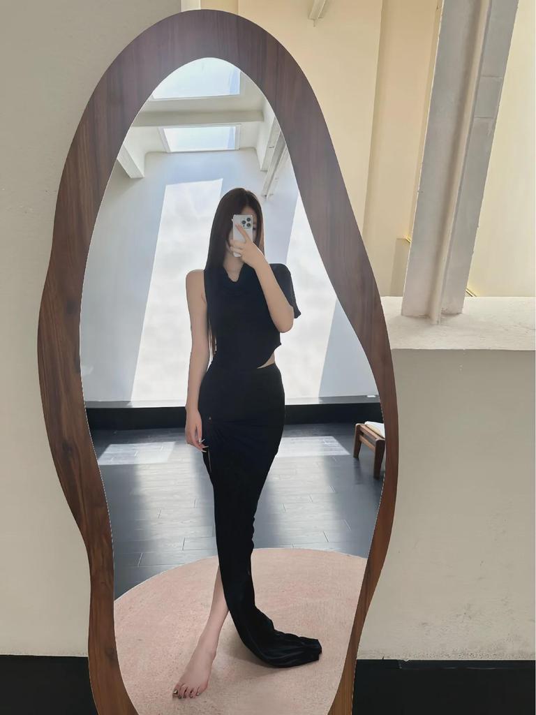 SUBHUMAN Women's European & American Style | Orange Irregular Pleated High Collar One-Shoulder Knit Top