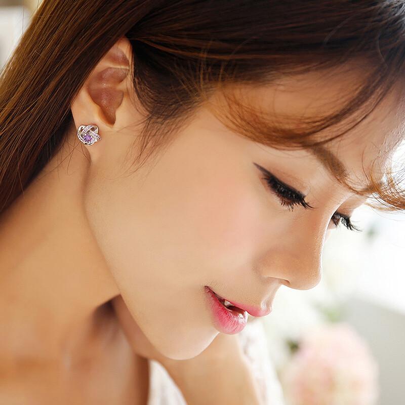 925 Silver Plated Zircon Earrings, Fashionable Rotating Four-Leaf Clover Earrings, Purple Diamond Temperament Ear Jewelry.