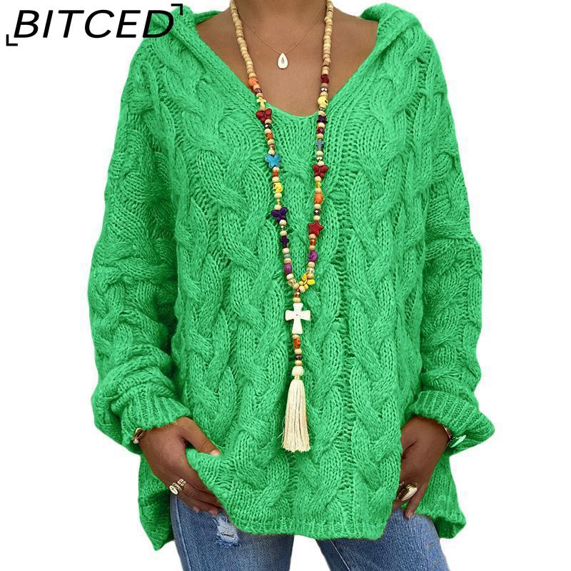 BITCED Fall/Winter Solid Color Cable-Knit Hoodie Sweatshirt for Women