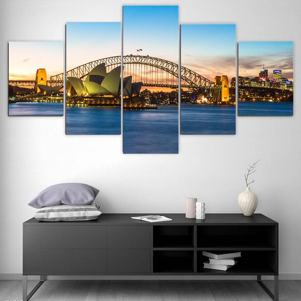 5 Pieces Sydney Opera House View Canvas Painting Landscape Posters and Prints Wall Pictures Living Room Home Decor No Frame