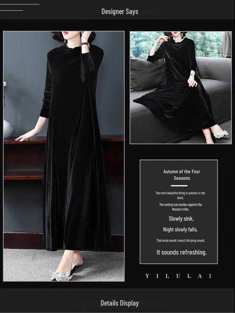 Women's Gold Velvet Knee-Length Dress - Autumn/Winter Collection