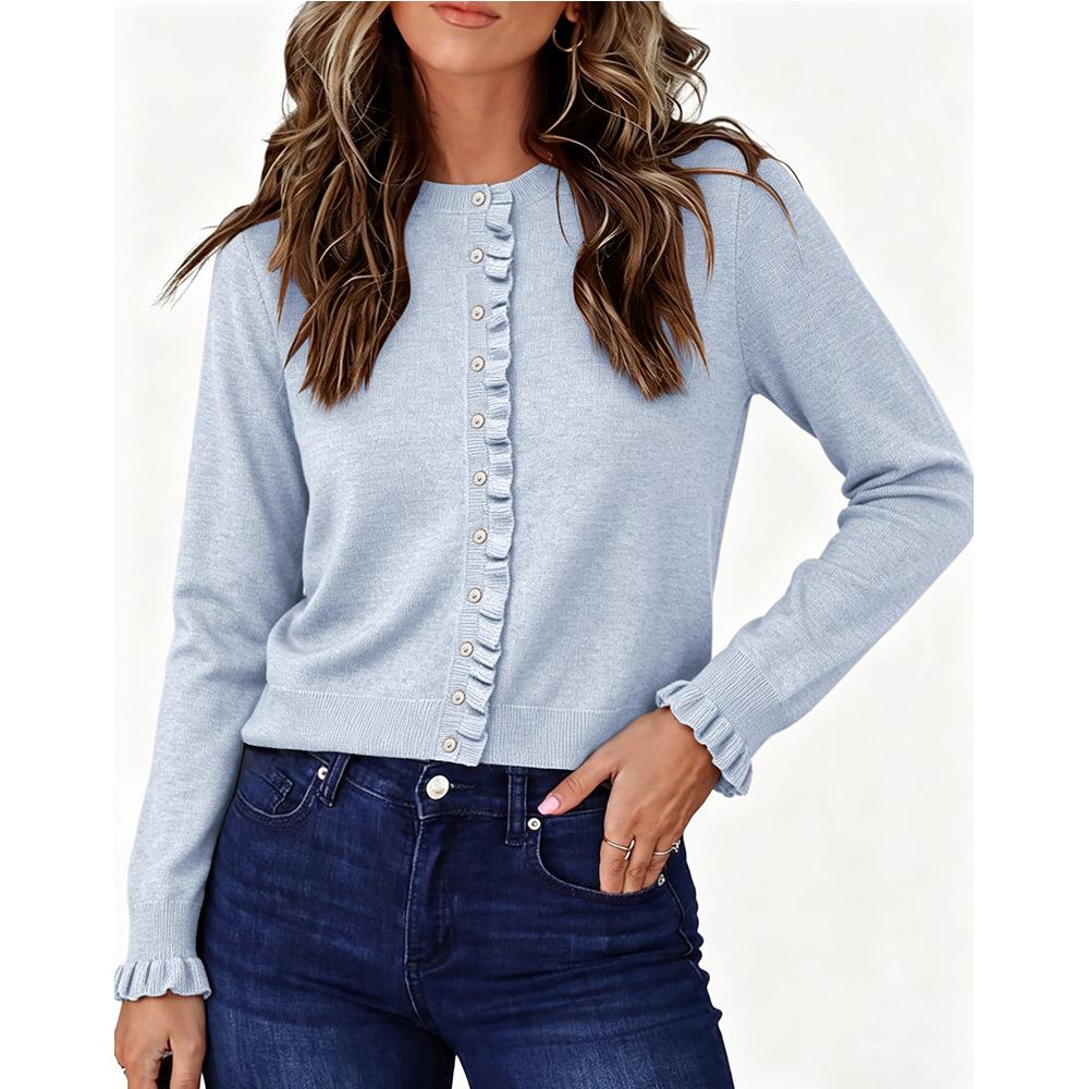 Women Solid Color Ruffle Sleeve Crew Neck Long Sleeve Knit Cardigan Sweater Outerwear