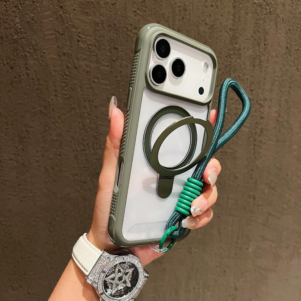 For iPhone 17 Pro Case Compatible with MagSafe Kickstand TPU PC Clear Phone Back Cover with Wrist Strap