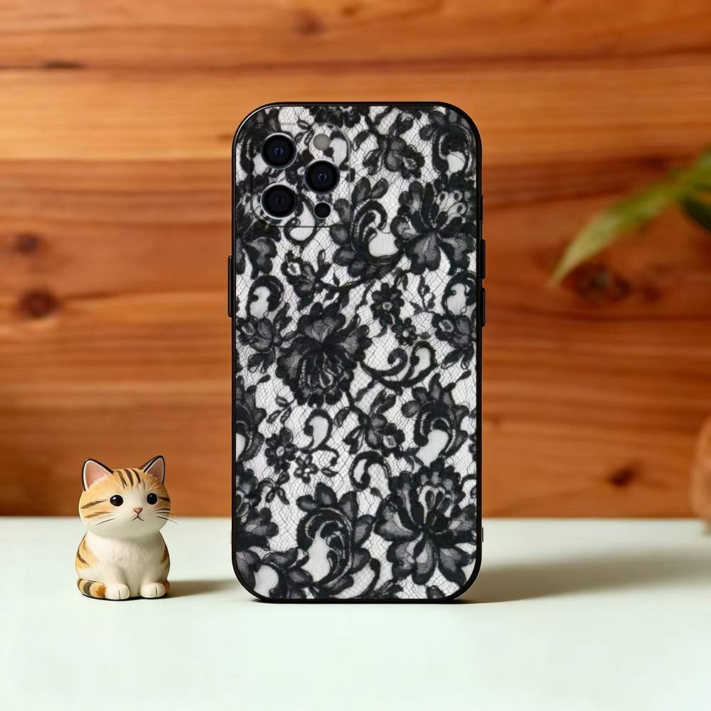 B-Black lace print Phone Case For iPhone 17,16,15,14,13,12,11 Plus,Pro Max,XS,Soft Silicone Black Cover