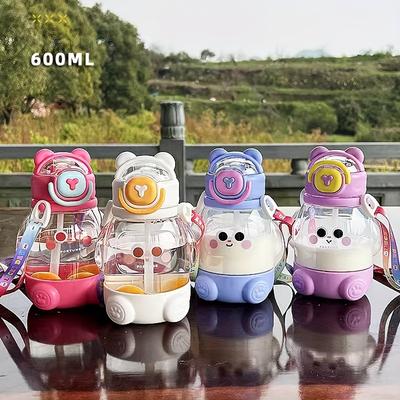 1 Pack, 600ml/20.29oz New Cute Cartoon Food-grade Material Student Water Bottle, Portable Water Bottle with Strap and Straw,suitable for Travel,sports