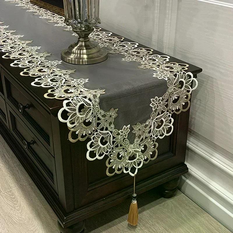 Oval Lace Dust Cover Table Runner Embroidered Tv Cabinet Tablecloth Lace Pendant Tassel Dresser Table Flag Christmas Table Cloth Set