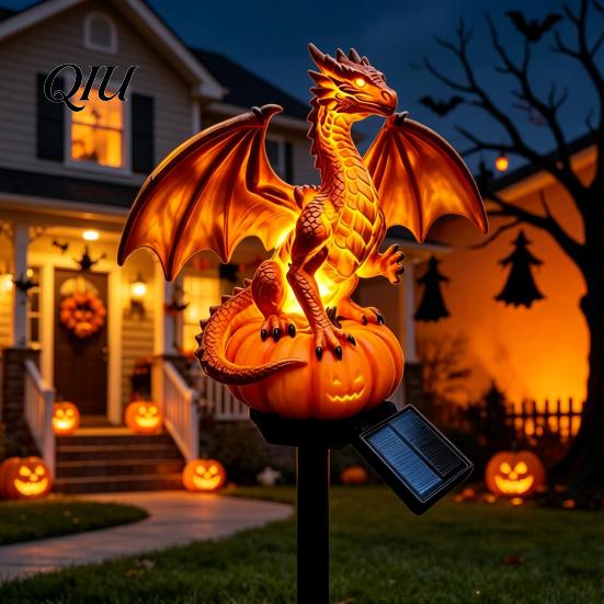 Seasonal Spooky Table Decoration Dragon Solar Garden Light, Halloween Night Resin Gothic Pumpkin Unique Gift for Lovers Statue, Medieval Fantasy
