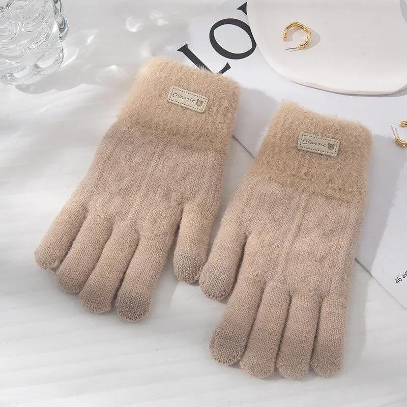 Womens Winter Warm Knitted Gloves Plush Knitted Autumn and Winter Warm Double Layer Thick Gloves Touch Screen Ski Gloves