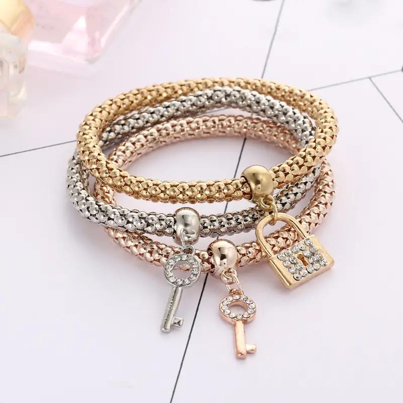 3pcs Alloy 3 Color Set Stretchy Popcorn Bracelet, Crystal 3 Pcs Key Lock Bracelet Jewelry