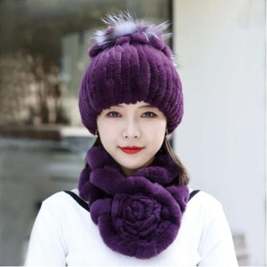 Neue Mode Frauen Winter Echte Rex Kaninchen Pelzmütze Schal Natürliche Weiche Rex Kaninchen Pelz Kappe Schals Sets Für Dame Im Freien warm halten