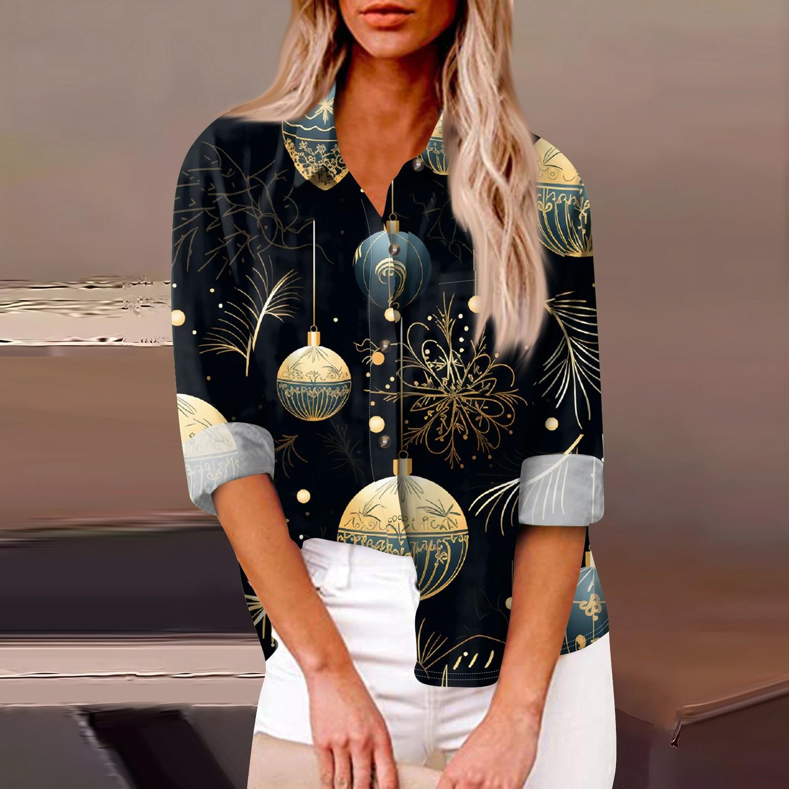 Женская свободная повседневная рубашка с длинными рукавами и рождественским принтом — фото 12