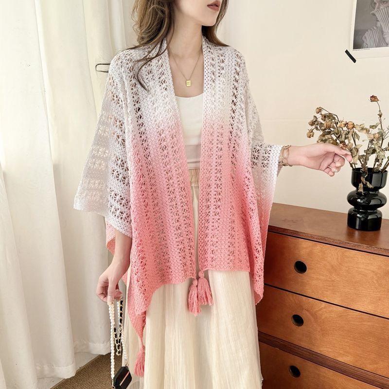 Gradient Tie-Dye Ethnic Shawl Cape - Knitted Women's High-End Travel Outerwear