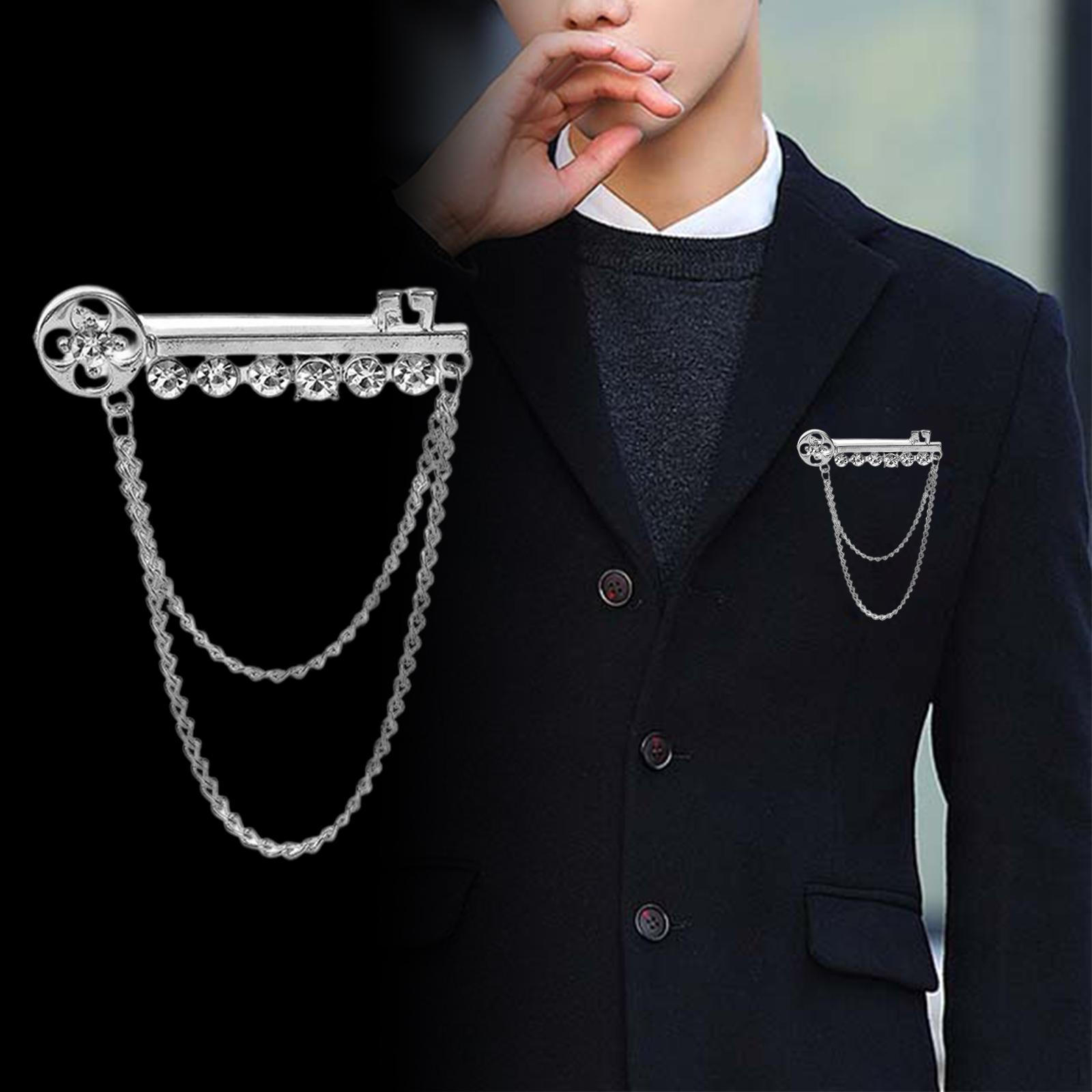 

Fashion Metal Key Shape Mens Brooches Pins, Long Tassel Brooch Lapel Pin Suit Shirt Badge for Key-shaped Silver
