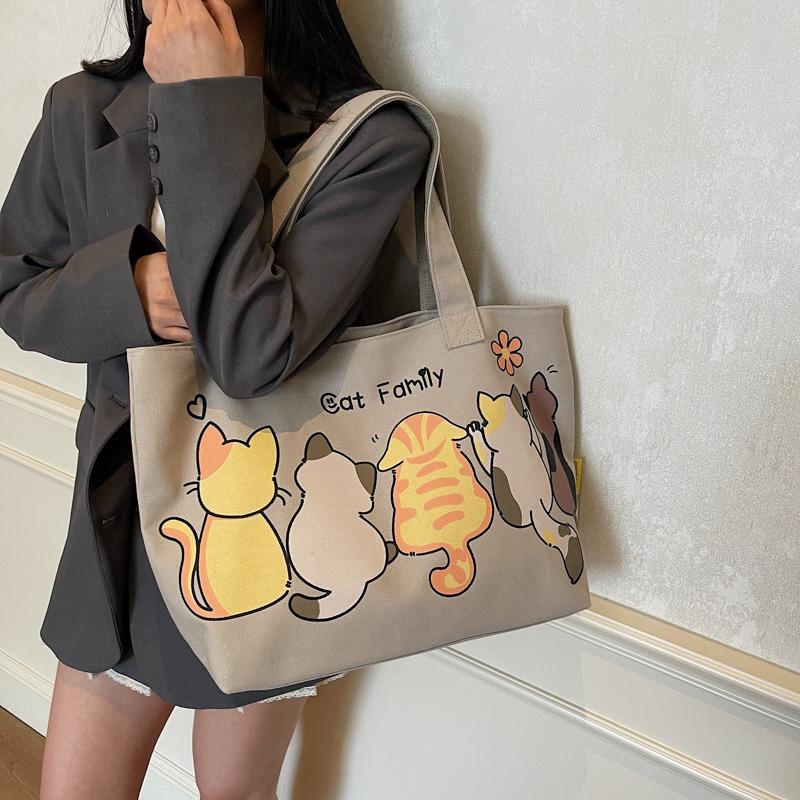 Cartoon cute tote bag women's new versatile canvas shoulder bag large-capacity class commuter bag