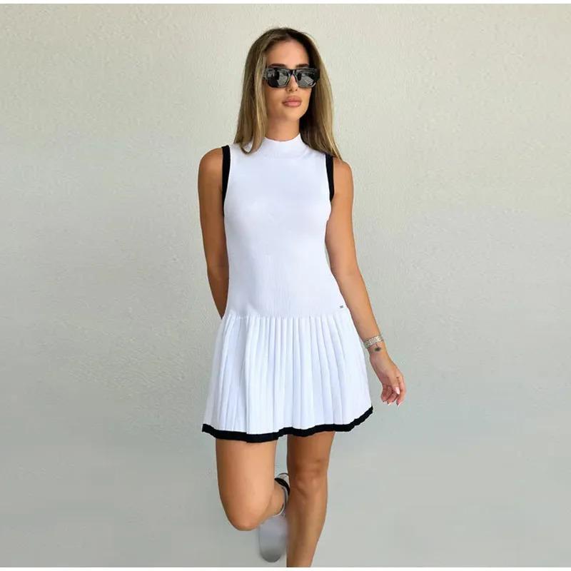 

Летнее элегантное сексуальное вязаное мини-платье женское ретро Y2k плиссированные пляжные платья без рукавов модная шикарная тонкая эластичная уличная одежда S белый