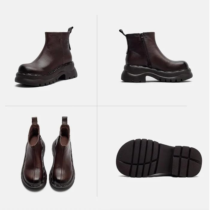 Johnature Genuine Leather Thick Soled Ankle Boots Retro Round Toe Thick Heeled Women's Short Boots