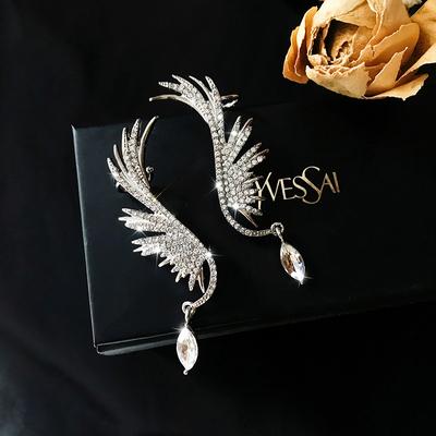 Single Korean Angel Wing Rhinestone Earrings Shiny Drill Arc Ear Hanging Clip Earrings for Women Unusual Ear Cuff Jewelry
