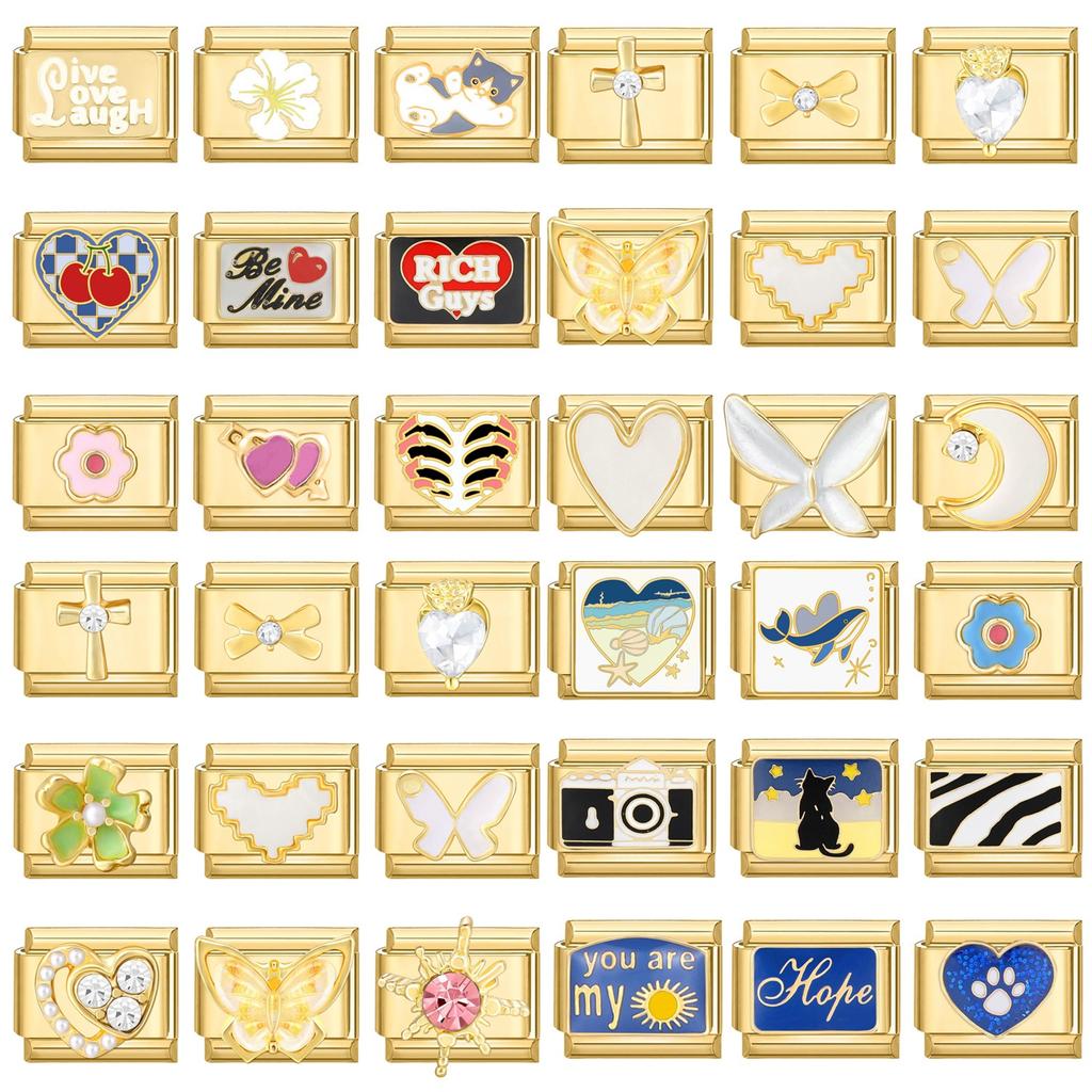 Y2K Golden Charm Camera Heart Cherry Shark Cat Sun Italian Charm Links Fit 9MM Bracelet Stainless Steel DIY Jewelry Making Gifts