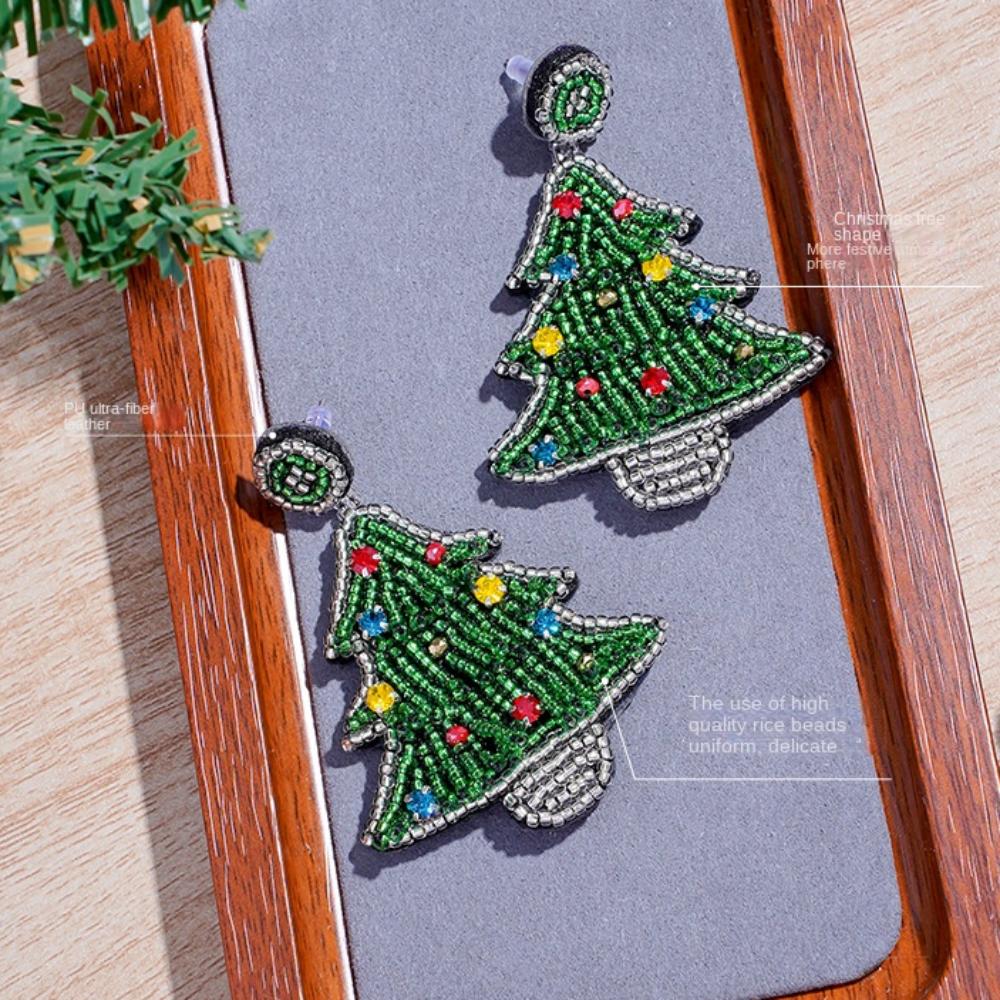 Bright Rhinestone Merry Christmas Earrings Green Christmas Tree Stud Earrings  Girls