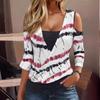 Women's Striped Printed Off-Shoulder Casual V-Neck Fake Two-piece Long Sleeve T-Shirt Tops Women’s