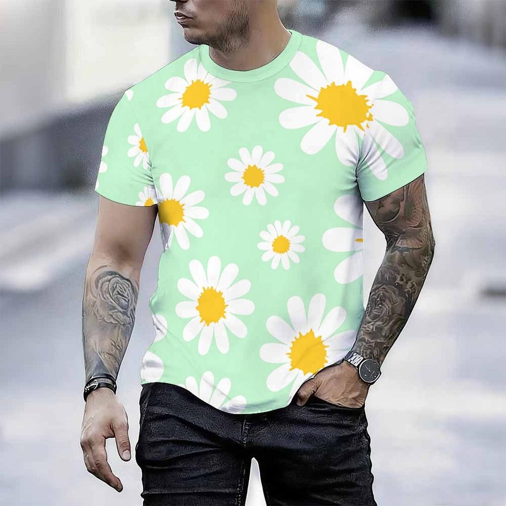 Women Short Sleeve Crew Neck T Shirt White Pink Blue Yellow Tropical Palm Leaf Print Top