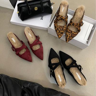 2025 Autumn New Suede One-word with Real Rabbit Fur Thick-soled Outer Wear Half Drag Inner Thick-soled Leopard Print Women's Tide Shoes