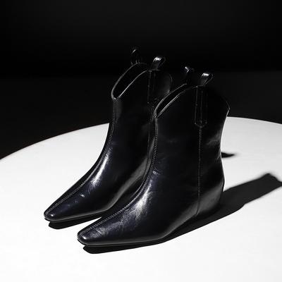 Woman Black Leather Ankle Boots Western Retro Women Boots Increased Inner Heel Boots Brown Square Toe Autumn Lady Concise Shoes