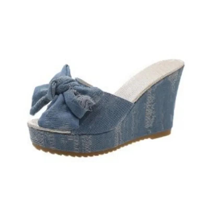 Fashion Wedges Denim Slippers Women 2024 Summer Platform Mules Bow Knot Sandalias Mujer Slides Woman 10cm High Heels Beach Shoes Slides