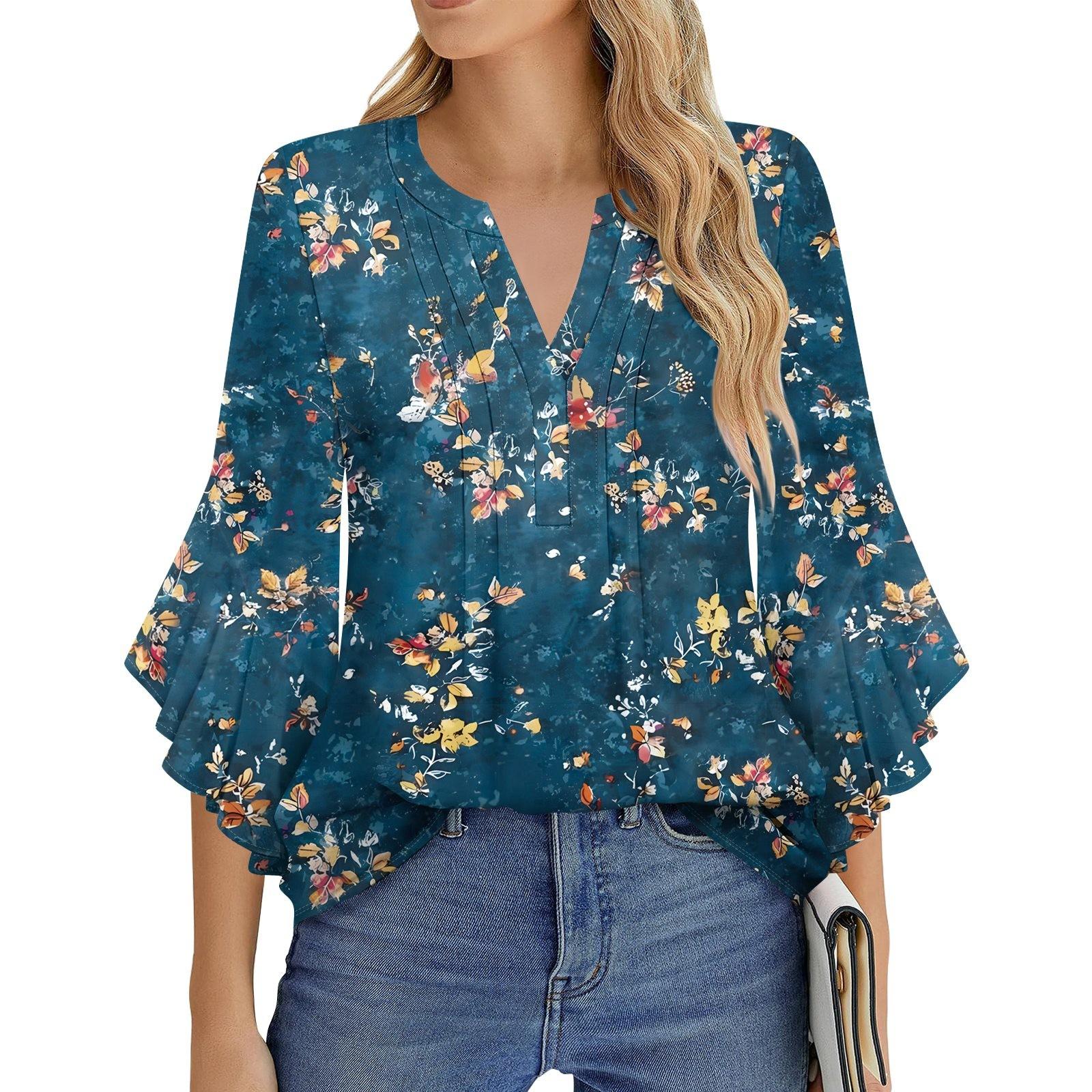 

Женская Мода Повседневная Плиссированная Футболка с V-образным Вырезом Однотонная Рукав Три Четверти Элегантный Топ L синий