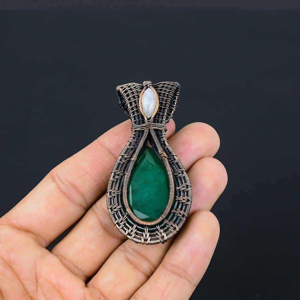 Emerald & Moonstone Pendant, 999 Copper Wire Wrapped Pendant Gemstone Jewelry, Handmade Pendant Amazing Jewelry, Gift For Her