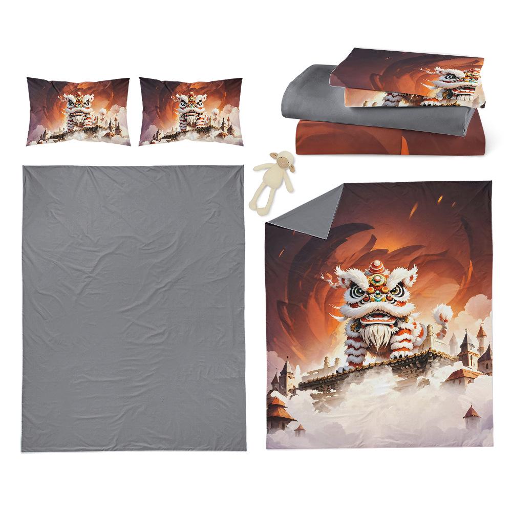 Cool Lion Dance Four-Piece Chinese Style Duvet Set for Boys' Bedroom or Dorm