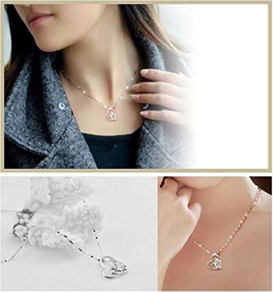 [Univarc Brand] Silver Double Heart Necklace, Jewelry Cloth, Pouch, Bag, Warranty Card - Luxurious 5-Piece Set A Perfect Gift for Women In Their 50s,