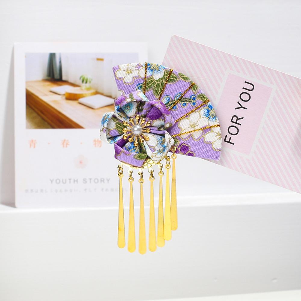 

Elegant Kimono Hair Clip Metal Tassel Faux Pearl Decor Hair Clip Fan Shape Hairpin Ancient Style Style F