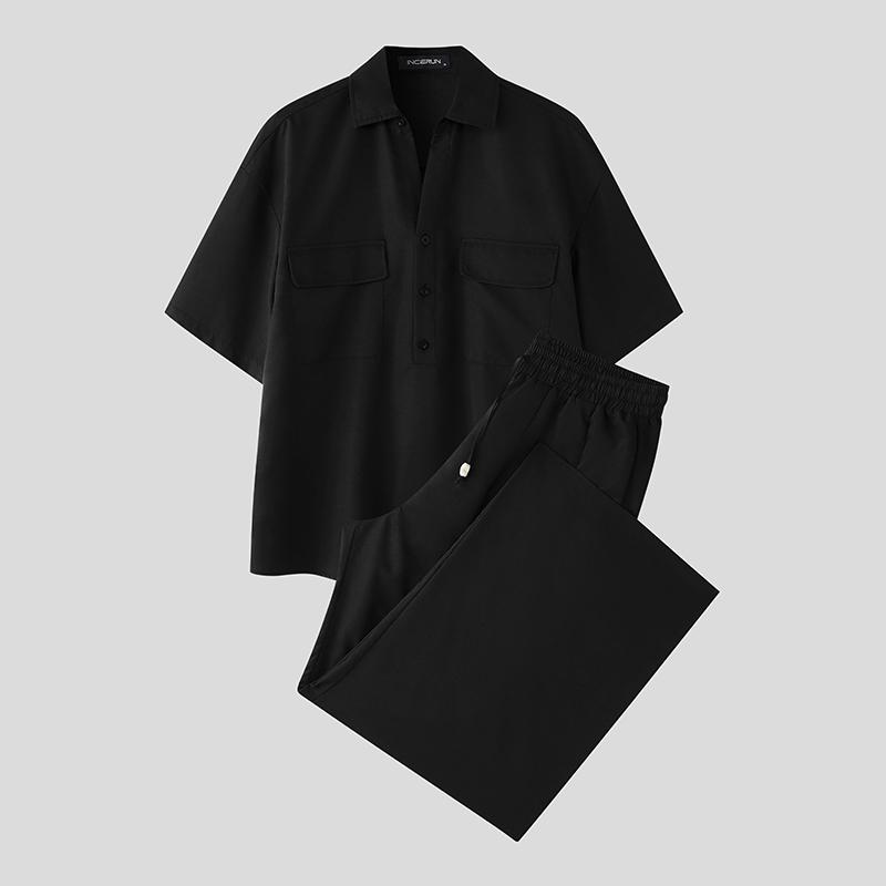 

INCERUN Мужские футболки с коротким рукавом и длинные брюки, повседневные комплекты для дома S чёрный