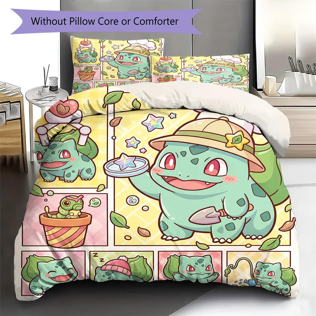 Bulbasaur Pattern Bedding Quilt Set Quilt Cover Pillowcase Home Decoration Birthday Gift (1 * duvet cover + 2 * pillowcase, without core)