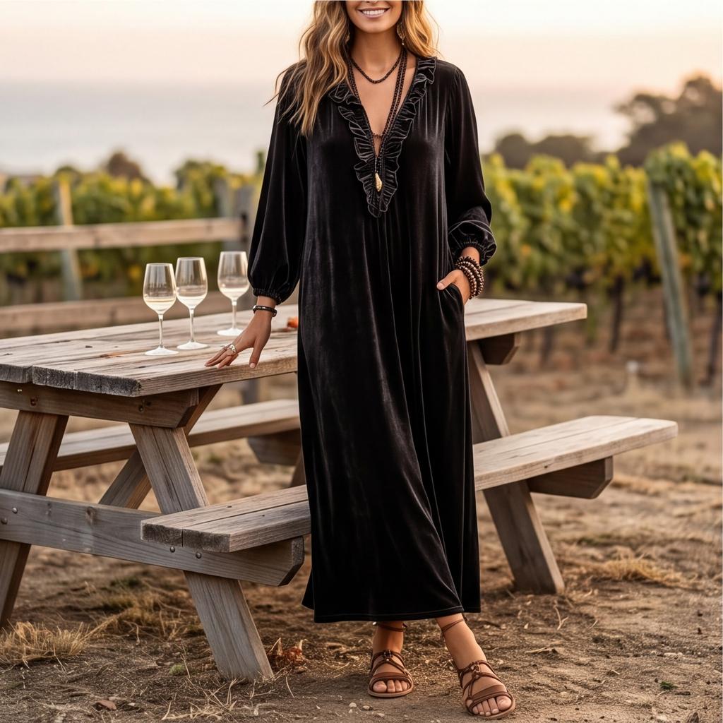 Women's Bohemian V-Neck Long Sleeve Maxi Dress with Sleeves and Loose Fit for Casual Wear