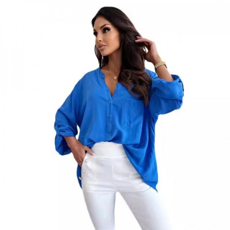 Women's Simple Loose Half-open Collar Single-breasted Long-sleeve Solid Color Shirt