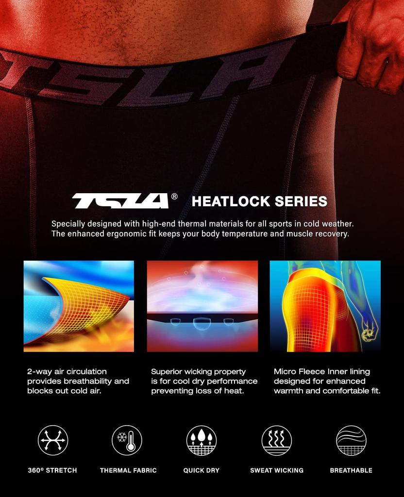 Tesla Men's Fleece-Lined Compression Tights [Stretchable, Warm, and Cold-Wearing] Sportswear, Running Leggings, Innerwear, Cold Weather Wear, Long Spa